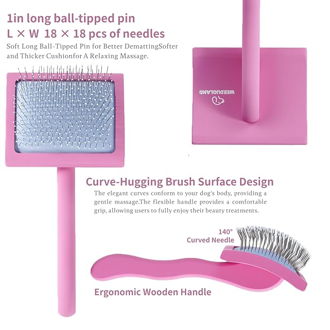 Gently Grooming Slicker Brush with Coated Tips for Long-Haired Dogs-Ergonomic Wooden Handle, Long Pins for Grooming Goldendoodles Poodles Pink