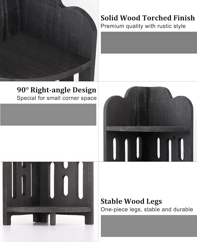 Meangood Bathroom Corner Shelf Stand, 3 Tier Solid Wood Display Shelf for Narrow Space, Shower Corner Shelf, Plant Stand Nightstand, for Living Room, Bedroom, Home Office, Elegant Black