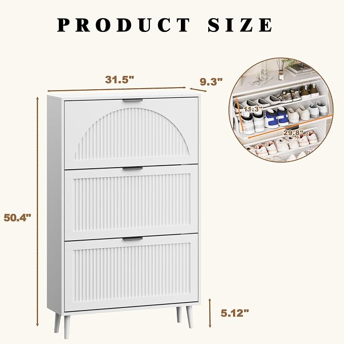 Shoe Storage Cabinet with 3 Flip Drawers, Narrow Wood Shoe Organizer Cabinet with Fluted Panel, Slim Shoe Rack for Entryway, Freestanding Shoe Cabinet for Living Room, Hallway, White