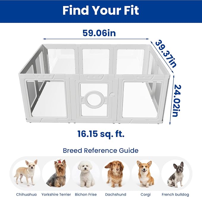 LEVELEVE Clear Acrylic Dog Playpen Indoor, Small Pet Play Pen for Puppy Cat Rabbit, Portable Dog Fence Crate Kennel Whelping Cage, 24" Height, White, 10 Panels