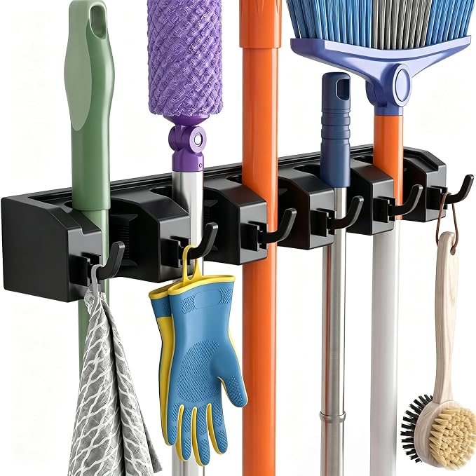 AceMining Broom Holder Wall Mounted, 5 Holders and 6 Hooks Mop Holder, ABS Plastic Brush Holder, Thick and Durable Mop and Broom Holder, Broom Storage, Broom Hook, Mop Wall Holder Black