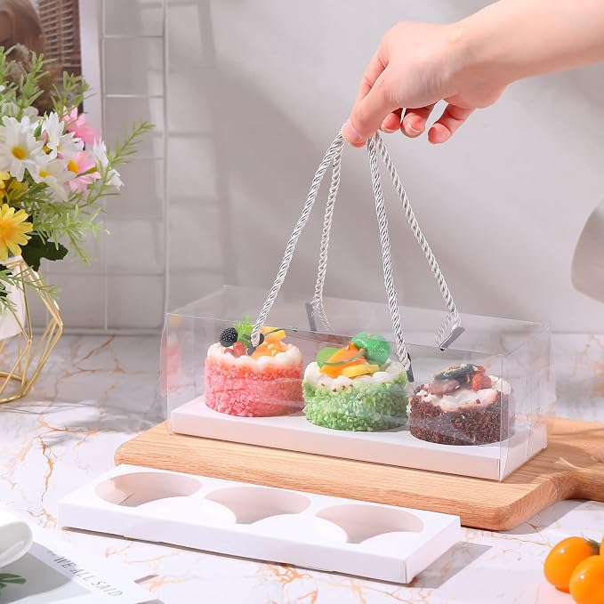 Thenshop 40 Pcs Clear Cupcake Boxes 9x3x3 in 3 Compartment Holder,White | Transparent Holders with Handles, Individual Pastry Display for Wedding Graduation Party Favors Cookies Treats Gifts