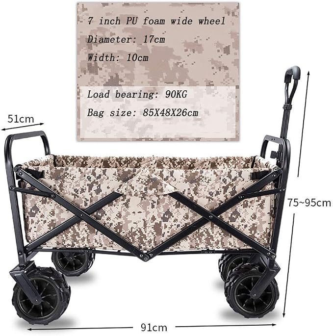 Folding Camping Cart- 90KG Capacity Outdoor Push Wagon Trolley with Safety Belt for Garden Outdoor Camping Picnic Travel Shopping Pet