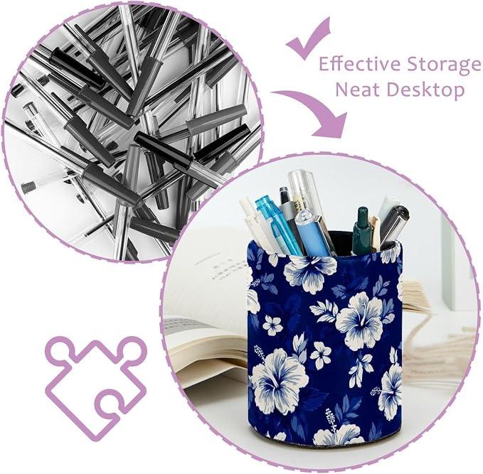 Faux Leather Pen Holder for Desk, Pencil Organizer Flowers Pen Cup Desk Decor Makeup Brush Holder Storage for Office Home