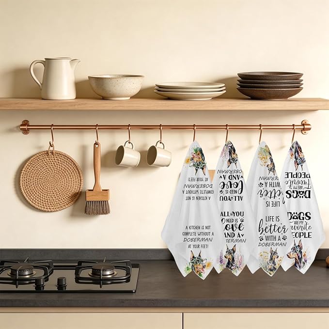 4Pcs Doberman Dog Kitchen Towels 24x14 Inch, Doberman Gifts Reusable Dish Towels for Kitchen Bathroom Decor, Waffle Weave Absorbent Hand Cloth Tea Towel, Cute Dog Gifts for Women Mom Friend