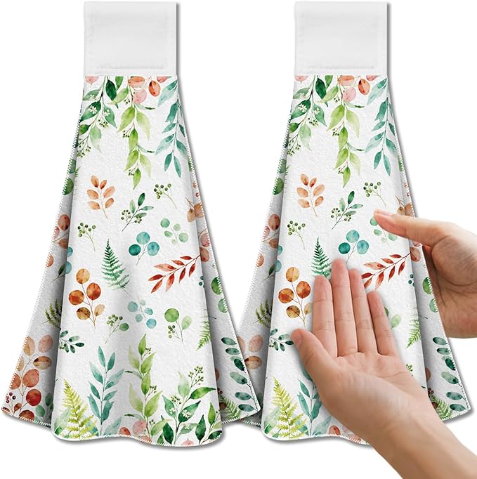 CUTHOLLOW Watercolor Leaves Hanging Kitchen Towels with Loop, Set of 2 - Soft & Super Absorbent Microfiber Decorative Hanging Dish & Hand Towel, Tea, Coffee Towel for Kitchen Bathroom Oven Handle