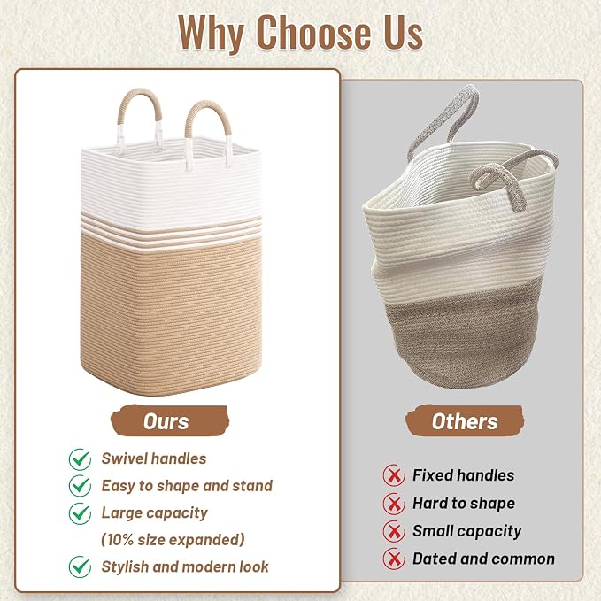 Laundry Basket Hamper,Blanket Storage,Dirty Clothes Hamper with Swivel Handles,Woven Cotton Rope Toy Baskets,Blanket Basket Living Room,Decorative Hampers for Nursery,Bedroom,White & Brown,60L