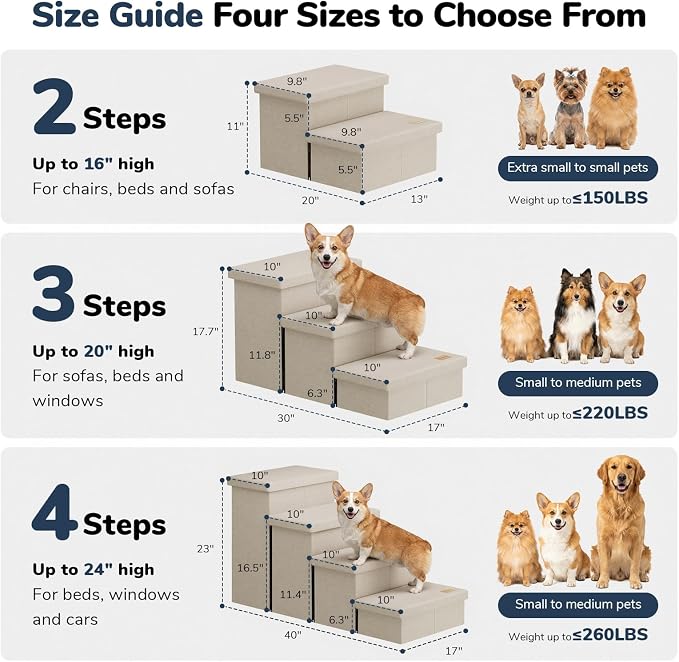 3-Step Wide Dog Stairs with Hidden Storage 18" H, Non-Slip Dog Steps for High Bed Couch Window Car, Jiont-Friendly Pet Stairs Ramp for Small/Medium/Large Old Dogs Cats Up to 220lbs, Beige