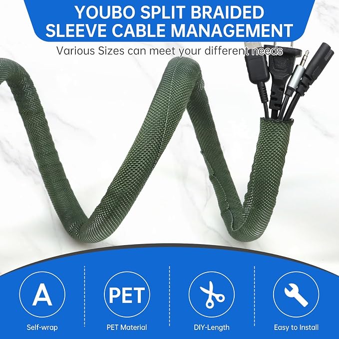 Split Braided Cable Sleeve，Flexible Wire Loom Tubing, Automotive Cord Protector Pet Proof, Cable Management for Computer TV Electric Wires Harness 16ft (Dark Green, 30mm（1-3/16")