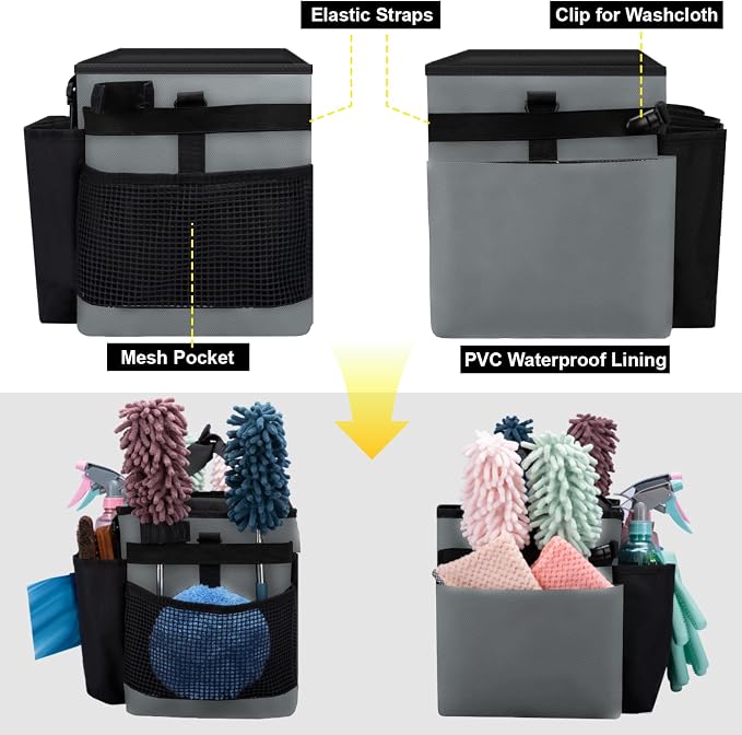 Wearable Large Cleaning Caddy Bag for Housekeepers (Black&Gray) | Cleaning Supplies Organizer with Adjustable Shoulder, Waist & Handle Straps, Detailing Bag for Kitchen Supplies