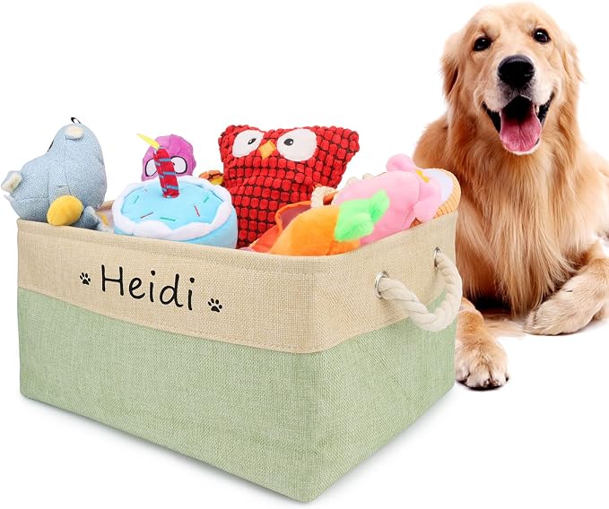 Personalized Dog Toy Storage Basket Bin Collapsible Customized Pet's Name Storage Box Organizer for for Dog Toys, Clothing, Apparel & Accessories (Green, M)