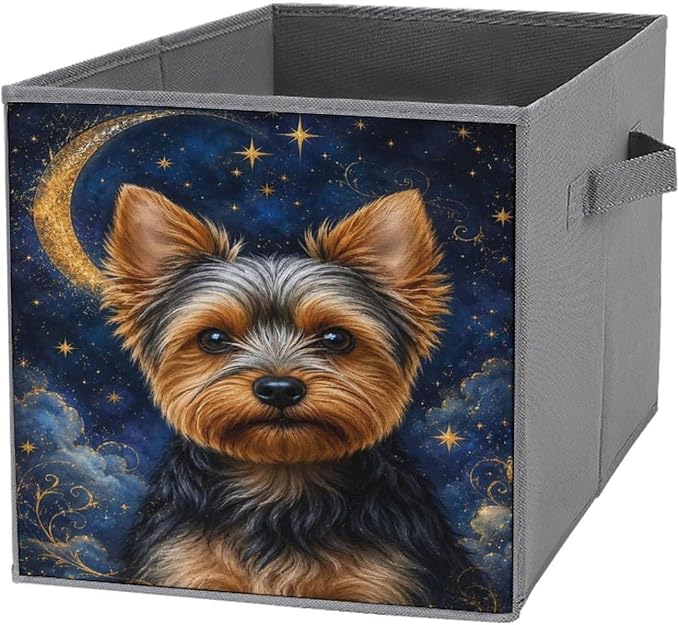Yorkie Dog Starry Night Moon Storage Bin with Handles, Oxford Fabric Foldable Storage Cube Organizer for Clothes, Towels, Bedroom, Living Room, Home Organization