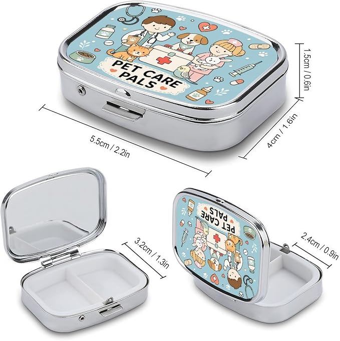 Friendly Pet Care Pals Poster Two Compartment Pill Box Medicine Organizer, Portable Pill Case with Secure Snap Closure for Vitamins Medication Supplements Daily Use