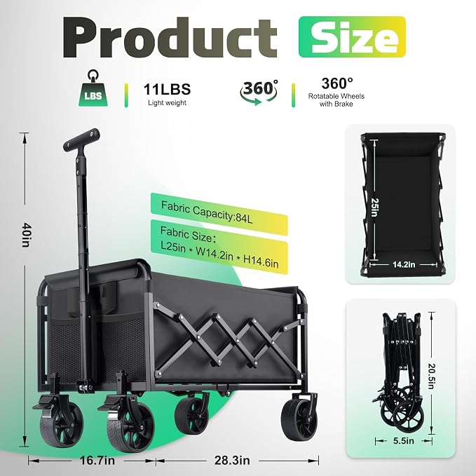 360LBS Collapsible Wagon Cart Foldable Heavy Duty, Shopping Cart with Brake | Folding Wagon with 360°Swivel Wheels, Portable Utility Cart with 2 Cup Holders, Grocery/Beach/Camping/Garden/Sports