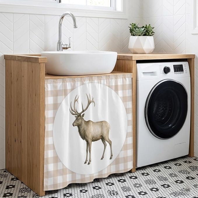 Majestic Buck Cabinet Dishwasher Hidden Curtains, Privacy Closet Door Curtain, Modern Natural Buck Rustic Farmhouse Plaid Adhesive Dust Proof Under Sink Skirt for Bathroom Kitchen 35"x35"