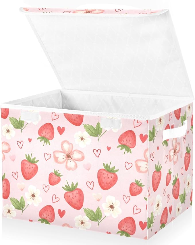Strawberry Fabric Storage Bins with Lid Foldable Storage Boxes 40L Baskets | Decorative Storage Boxes, Foldable & Stackable, Dust-Proof Flip Top, Reinforced Handles, For Home & Dorm, Clothes & Toy Box