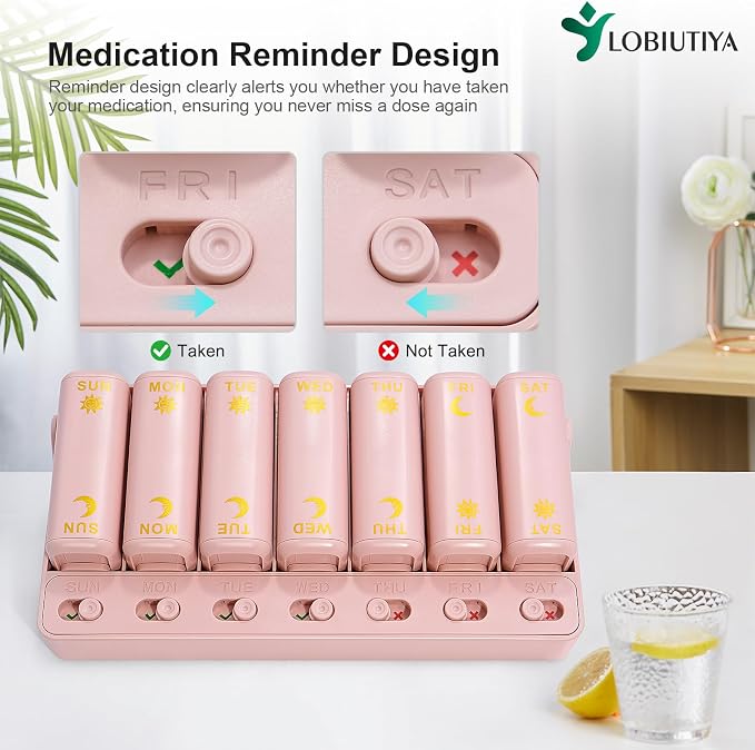 Weekly Pill Organizer 2 Times a Day, AM PM Travel Pill Organizer 7 Day for Vitamin Medicine Supplement Fish Oil, Pink Twice a Day Medicine Pill Box with a Rotatable Handle