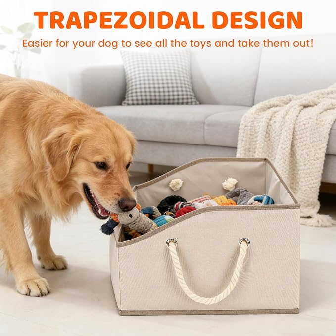 Dog Toy Basket With Handle, Foldable Dog Toy Box for Living Room Area, 20" Basket for Dog‘s Toys, Clothes, Organizers and Storage with Hard Board, Anti-slip for Pet Toys