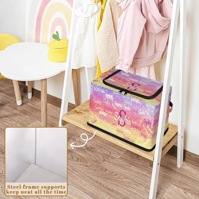 Custom Storage Baskets for Kids with Name, Large Foldable Organizer Collapsible Storage Bin with Zipper Lid Leather Handle for Home Toys Closet Nursery, Shiny Purple Red Yellow Glittering