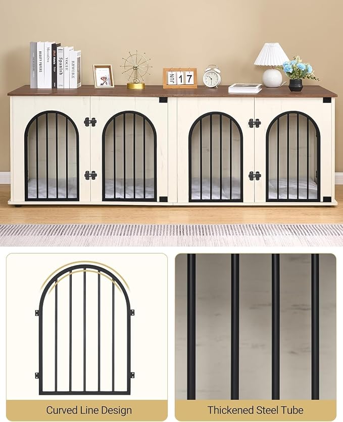 Hzuaneri 70.9" Double Dog Crate Furniture, Dog Kennel Indoor with Cushion | Heavy Duty Dog Crate Furniture for 2 Dogs,Dog Cage End Table TV Stand with Divider for Med-Large Dogs,White Brown DFC81914B