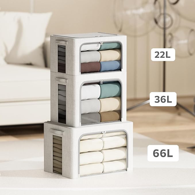 4 Pack Clothes Storage Bins with Metal Frame - 22L Stackable Storage Box with Lid，Foldable Storage Container Organizer for Clothes，Linen Fabric Storage Box with Clear Window＆Zippers＆Handles