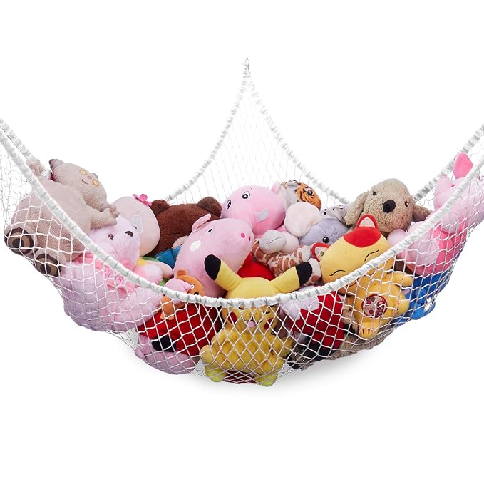 Stuffed Animal Hammock, Toy Hammock Storage Net, LXUNYI Mesh Toy Net Holder Jumbo Wall Corner Giant Baby Kids Children Stuff animals Hammocks Net Organizer for Bedroom (White, 84 inch)