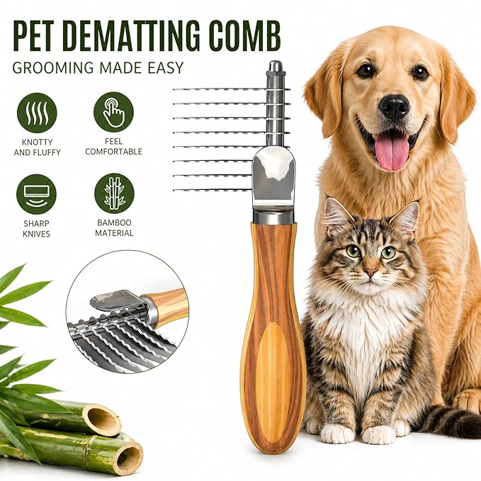 Dog Dematting Comb & Rake, Stainless Steel Pet Grooming Brush for Mats & Tangles, Gentle Undercoat Rake for Doodles, Poodles, Goldendoodles, Long/Short Haired Dogs & Cats, Non-Slip Wooden Handle