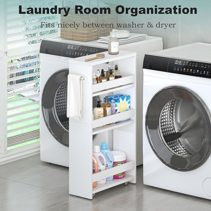 MARTY Slim Rolling Storage Cart, Wood Utility Kitchen Bathroom Laundry Cart | 4 Tier Kitchen Cart with Wheels Handle, Laundry Room Organization, Narrow Bathroom Storage Cabinet, 5.5" Wide Storage Trolley