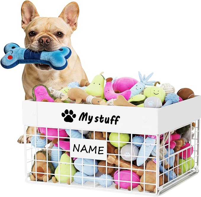 Kaiferty Indestructible Large Dog Toy basket, Chew-Proof Medium Toy Bin for Dogs, Pet Toy Bin Dog Metal Basket for Toys, Puppy Toy Storage Organizer Blankets, Toy Box for Living Room Area (White)