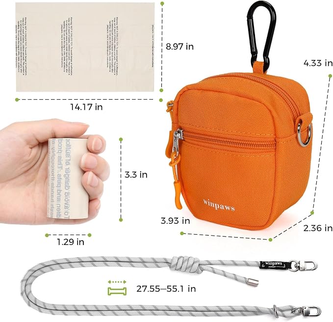 Dog Treat Pouch with Poop Bag Holder, Small Crossbody Bag for Puppy Training and Walking, Shoulder Strap Can Use as Dog Leash- Pet Travel Accessories, Metal Carabiner Attached (Orange) | 900D Oxford Fabric