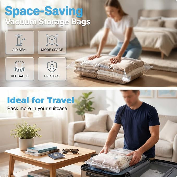 Vacuum Storage Bags No Pump Compression Space Saver 3D | Large Capacity Clothes Bedding Organizer Reusable Storage Bags Closet Wardrobe Travel Packing Moving Home Organization