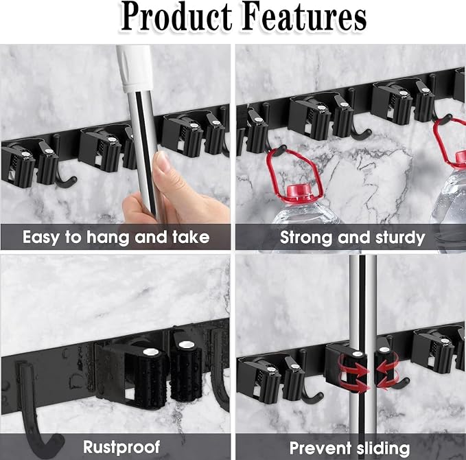 Black Broom Holder Wall Mount, 5 Racks 4 Hooks Mop and Broom Organizer | Mop Holder Wall Mount and Broom Hanger for Garage, Laundry Room, Kitchen and Utility Storage