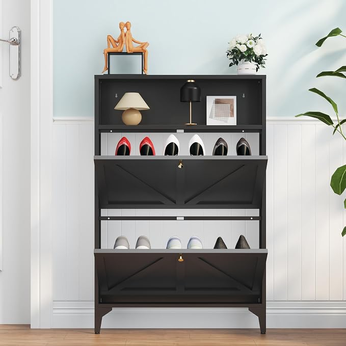 Shoe Cabinet with 2 Flip Drawers, Narrow Shoe Storage Cabinet, Farmhouse Shoe Organizer, Freestanding Organizer with Metal Legs for Entryway, Foyer (Black, 2 Door)