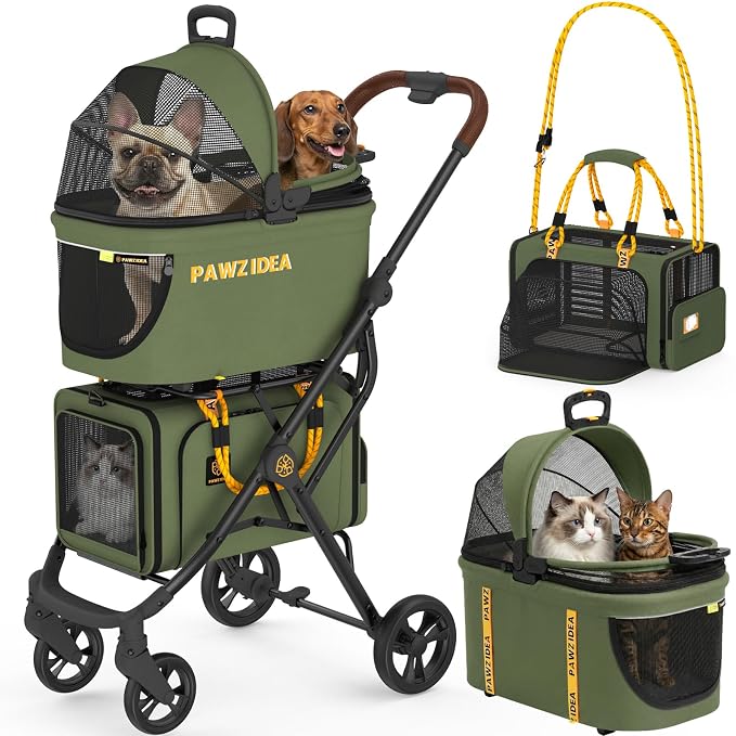 PAWZIDEA Double Pet Stroller with 2 Detachable Carrier for Multiple Pets | Portable Travel Crate & Car Seat Combo & TSA-Approved Expandable Carrier, Foldable Jogger Stroller for 2–4 Cats or Small Dogs