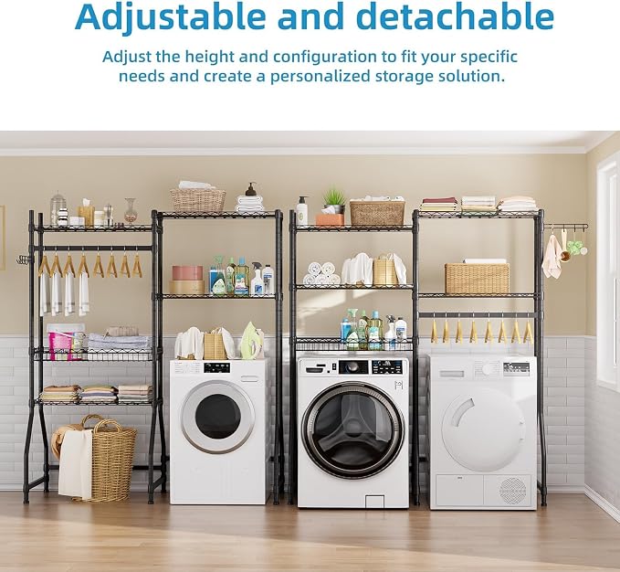 Golpart Laundry Organizer Shelves Over the Washer and Dryer Storage Shelf | Heavy Duty Laundry Room Organization Clothes Drying Rack Adjustable Height Wire Shelving and Wire Basket with Hanger Rod