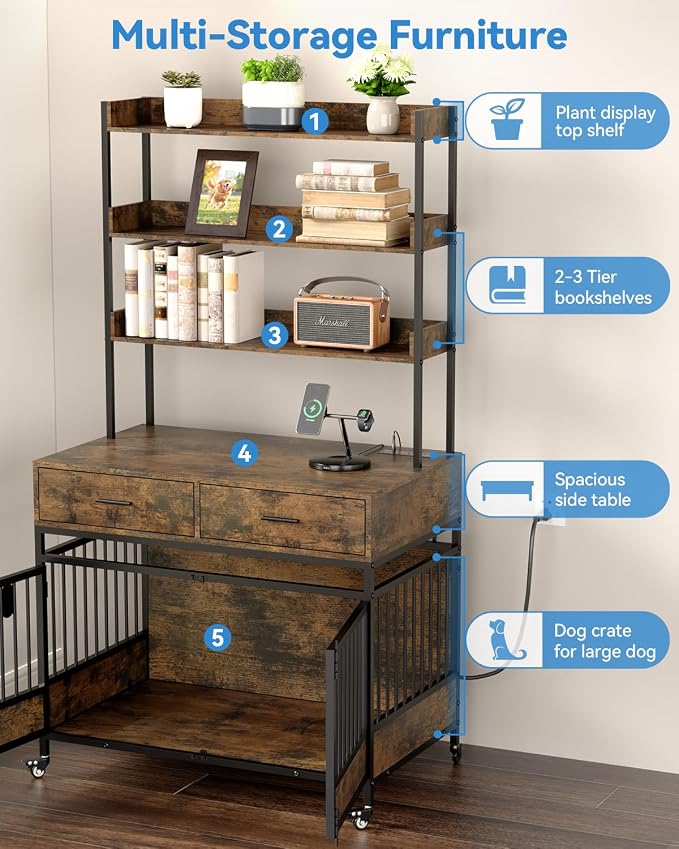 Petrova 40" Dog Crate Furniture with LED Light & 2 Storage Drawers, Heavy Duty Indoor Dog Kennel for Medium/Small Dogs, Wooden Dog Cage with Power Outlets, Charging Station, Lockable Wheels, Brown