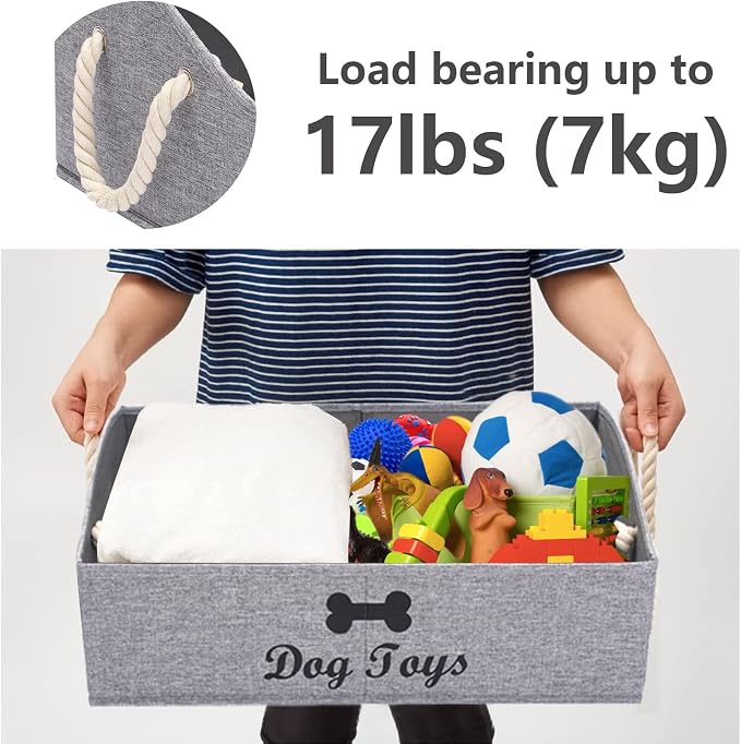 Geyecete Large Dog Toys Storage Bins-Foldable Fabric Trapezoid Organizer Boxes with weave Rope Handle,Collapsible Basket for Shelves,Dog Apparel(Snow Gray-DOG)