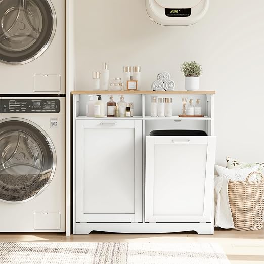 HOOBRO Double Tilt Out Trash Can Cabinet, 20 Gallon Kitchen Trash Bin Cabinet, Hidden Trash Storage with Open Compartments, Hidden Laundry Hamper, for Kitchen, Laundry, White and Natural WN04LJ01