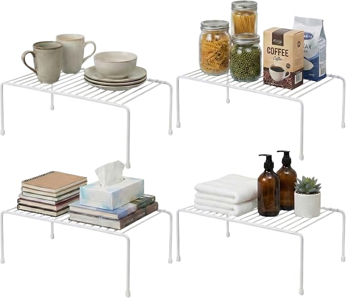 Evelots Wire Shelf Organizer Set, Metal Cabinet Shelf Risers, 4-Pack, White | 4-Pack rustproof metal wire shelf organizers create extra storage space in kitchen cabinets, pantries, freezers and bathrooms