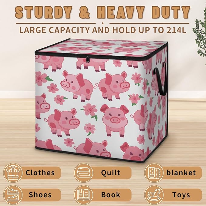 Pig Large Storage Bags, Fabric Bed Storage Containers, Foldable Closet Organizers for Blanket, Clothing, Comforter, Bedding, Pink