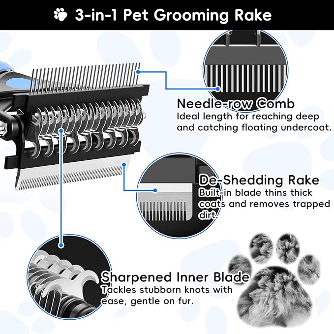 3-in-1 Professional Pet Grooming Brush for Dogs & Cats – Dematting Comb, Undercoat Rake & Deshedding Tool for Long & Short Hair, Heavy Shedding & Matted Fur
