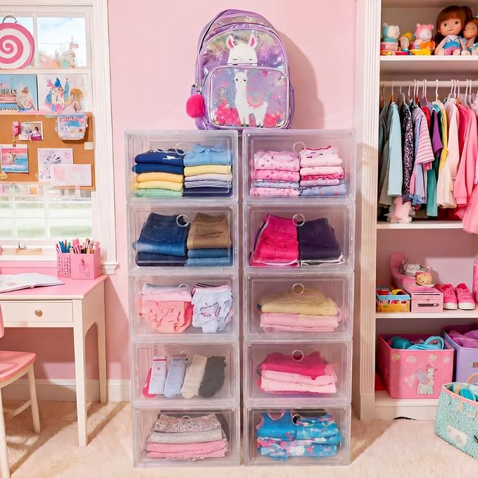 10-shelf Clothes Storage Organizer for Girls, Clear Plastic Bins | Clear Stackable Bins and Clothing Category Labels Help Organize Shirts, Pants and Dresses in Teen Bedrooms and Closets