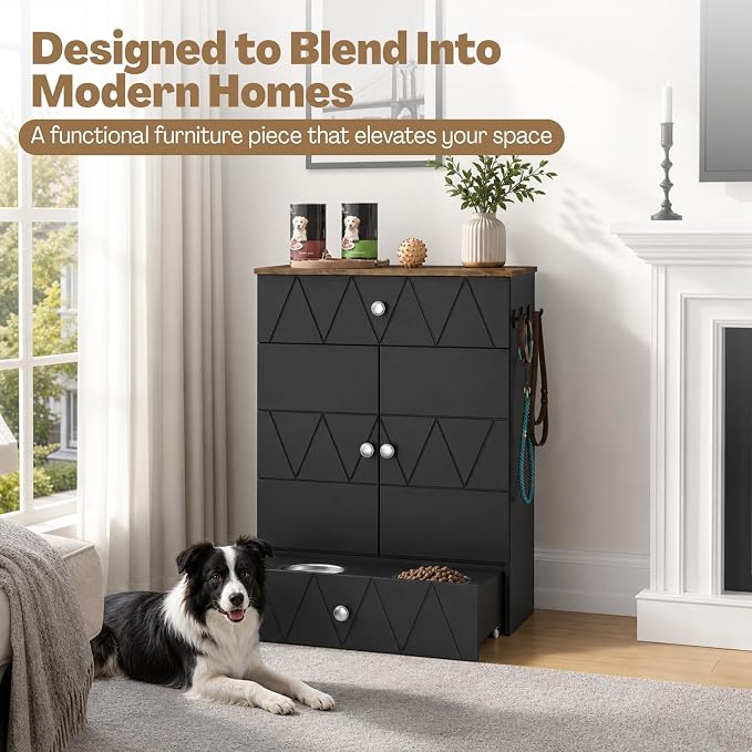 Dog Feeding Station with Storage Cabinet, Hidden Pull-Out Elevated Dog Bowls, Stainless Steel Feeding Drawer, Adjustable Shelves & Hooks, Modern Pet Food Storage Organizer for Dogs (Black)