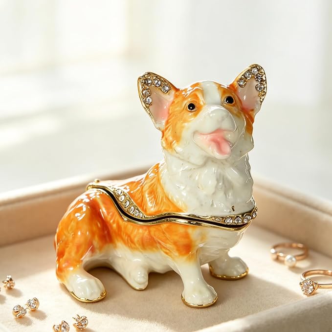 Hand Painted Rhinestone Welsh Corgi Enamel Trinket Box, Hinged Metal Vintage Jewelry Organizer