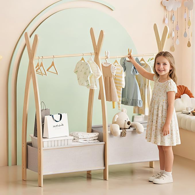 Kids Clothing Rack Dress Up Storage Closet for Girls Baby Garment Wardrobe Toddler Costume Closet with Double Hanging Rod Wood 2 Tier Bottom Storage Shelves (Double Row with Two Storage Boxes)