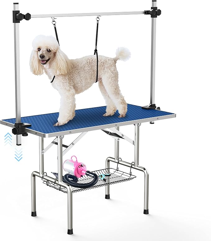 46'' Foldable Dog Grooming Table with Arms/Nooses/Mesh Tray, Blue | Stainless Steel Grooming Table for Dogs at Home, Adjustable Pet Bathing Station, Non-Slip Waterproof Tabletop, Capacity 330Lb