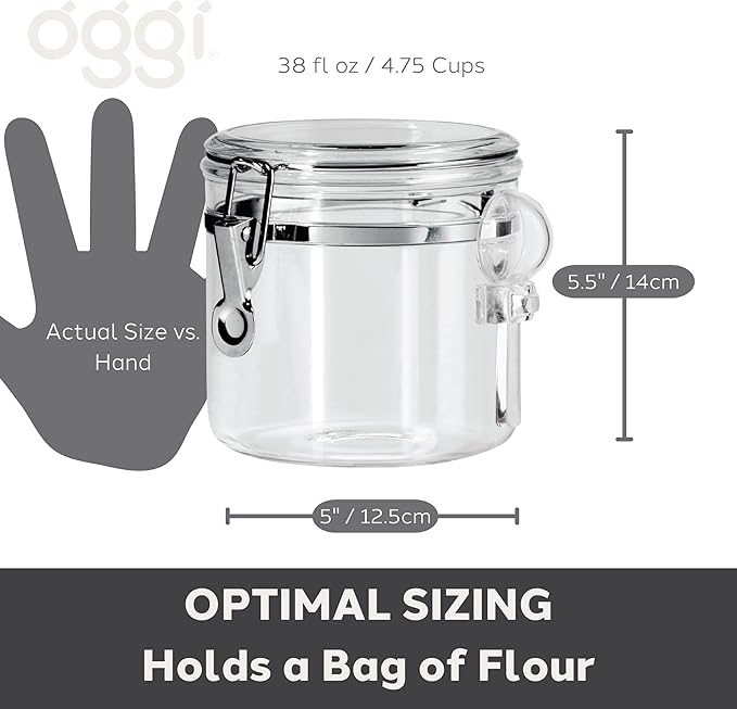 OGGI Clear Canister Airtight 38oz - Clamp Lid & Spoon - Airtight Food Storage Containers, Ideal for Kitchen & Pantry Storage of Bulk, Dry Food Including Flour, Sugar, Coffee, Rice, Tea, Spices & Herbs