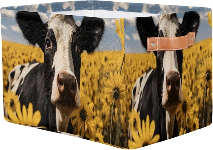 Cow Sunflower Storage Basket Bin Memorial Day Large Fabric Toys Storage Cube Box with Handles Collapsible Closet Shelf Cloth Organizer for Nursery Bedroom Bathroom