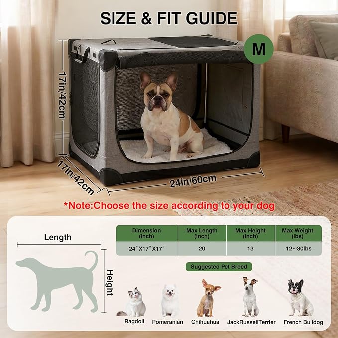 24 x 17 x 17 Inch Collapsible Soft Dog Crate for Dogs Up to 30 lbs, Portable Travel Pet Kennel with 4 Zip Doors, Foldable Indoor Outdoor Crate with Mat, Carry Bag, Grey