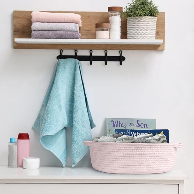Pink Small Woven Basket, 13” x 9” x 5” Baskets for Gifts Empty, Cotton Rope Gift Basket, Cute Nursery Baby Organizer, Cat Dog Toy Bin Box, Wicker Storage Bin with Handle